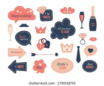 Wedding photo decoration set. Prop, flutes, bubbles, tags and frames with bride team or just married text, groom tie, ring. Vector illustration for wedding party, photobooth, marriage concept