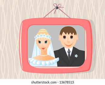 Wedding photo in frame on the wall. Vector-Illustration