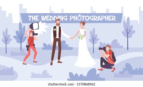 Wedding photo session flat composition with bride and groom outdoors and two photographers using   professional equipment vector illustration 