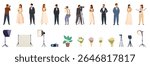  Wedding photo session icons set. Professional photographers working at a wedding ceremony, taking photos and videos of the bride and groom posing with flower bouquets