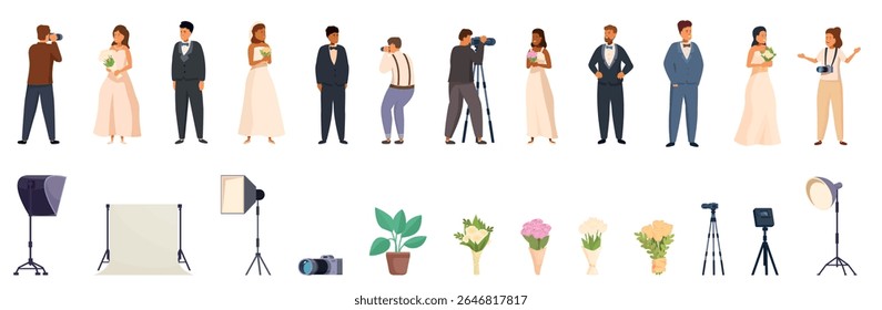  Wedding photo session icons set. Professional photographers working at a wedding ceremony, taking photos and videos of the bride and groom posing with flower bouquets