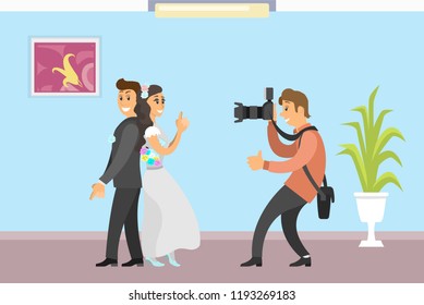 Wedding photo session of newlyweds by photographer. Groom in suit and bride wearing gown, funny spy pose, digital camera vector studio room interior
