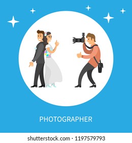 Wedding photo session of newlyweds by photographer. Groom in suit and bride wearing gown, funny spy pose, digital camera vector isolated in circle frame