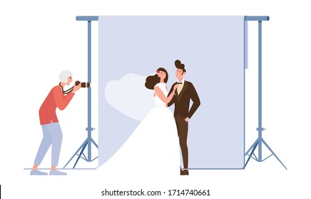 Wedding photo session. Professional photographer holding photo camera and photographing married couple in photo studio vector flat illustration. Man and woman in wedding suit posing for photo.