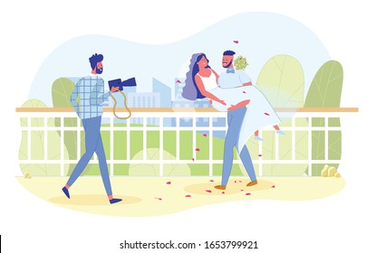 Wedding Photo Session Scene with Marriage Couple and Photographer or Cameraman Cartoon Characters. Professional Photography Services for Family Events and Celebrations. Flat Vector Illustration.