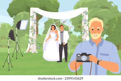 Wedding photo shoot concept with photographer and happy married couple standing under bridal arch vector illustration. Man professional taking picture of love and romantic relationships