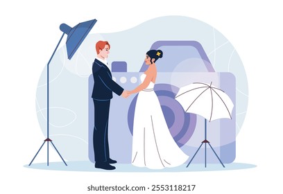 Sesión de fotos de la boda. El hombre en traje negro y la mujer en vestido blanco son fotografiados en el estudio fotográfico. Amor y romance. Novia y novio, marido y mujer. Ilustración vectorial plana