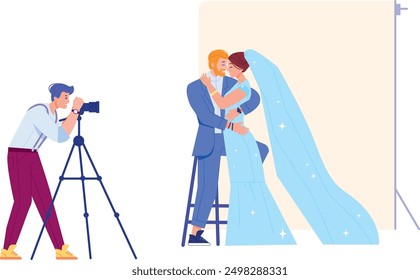 Wedding photo shoot. Professional photographer doing romantic picture. Vector illustration