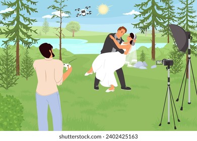 Wedding photo shoot with smart modern technology equipment concept. Man photographer taking picture of bride and groom in forest using remote controlling drone with camera vector illustration