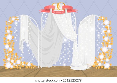 Wedding photo zone with floral arch vector illustration