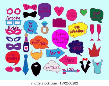 Wedding Photobooth Props Kit icon, Konsait Engagement Photo Booth Accessories for Bridal Shower with doodle style.