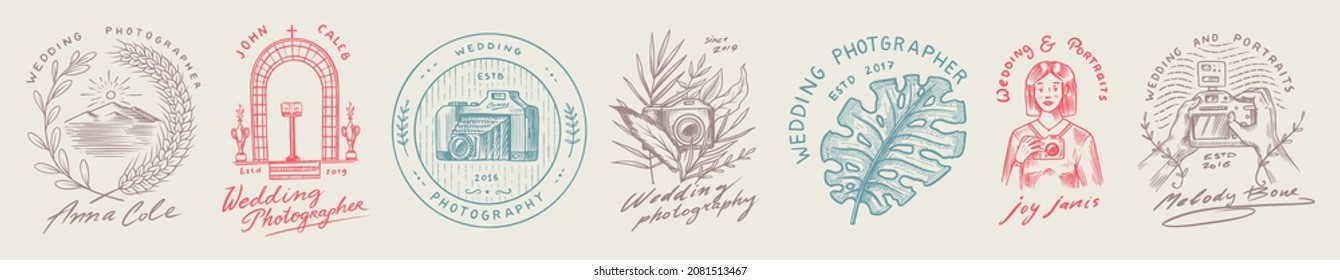 Wedding photographer badges and badges or logos. Photo camera for the holiday. Photography Community. Templates for Retro Studio, vintage store or shop. Hand drawn sketch for postcard, banners. 