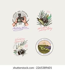 Wedding photographer badges or logos. Photo camera for the holiday. Photography Community. Templates for Retro Studio, vintage store or shop. Hand drawn sketch for postcard, banners. 