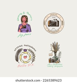 Wedding photographer badges or logos. Photo camera for the holiday. Photography Community. Templates for Retro Studio, vintage store or shop. Hand drawn sketch for postcard, banners. 