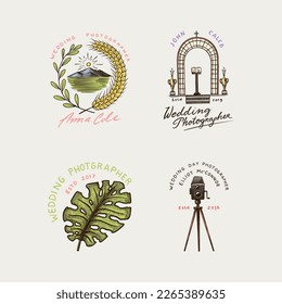 Wedding photographer badges or logos. Photo camera for the holiday. Photography Community. Templates for Retro Studio, vintage store or shop. Hand drawn sketch for postcard, banners. 