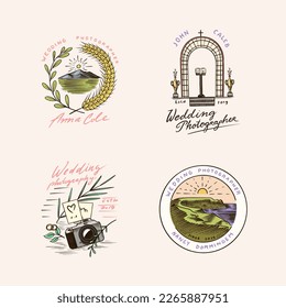 Wedding photographer badges or logos. Photo camera for the holiday. Photography Community. Templates for Retro Studio, vintage store or shop. Hand drawn sketch for postcard, banners. 