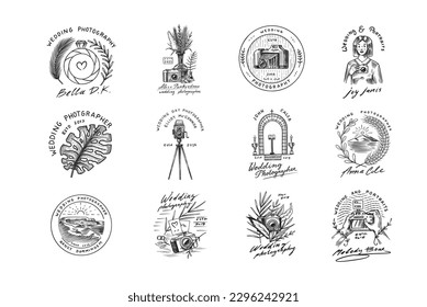 Wedding photographer badges or logos. Photo camera for the holiday. Photography Community. Templates for Retro Studio, vintage store or shop. Hand drawn sketch for postcard, banners. 