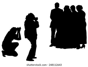 Wedding photographer and bride whit groom on white background