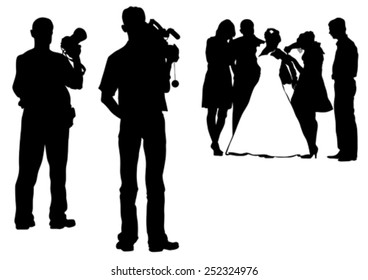 Wedding photographer and bride whit groom on white background