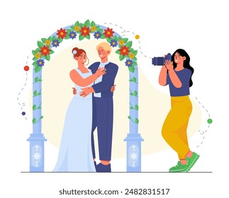 Concepto de fotógrafo de Boda. Hombre con cámara toma fotos de novia y novio. Paparazzi en la ceremonia matrimonial. Esposa y marido. Ilustración vectorial de dibujos animados aislada sobre fondo blanco