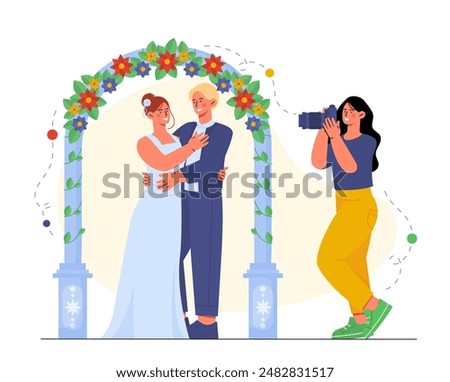 Wedding photographer concept. Man with camera takes pictures of bride and groom. Paparazzi at marriage ceremony. Wife and husband. Cartoon vector illustration isolated on white background