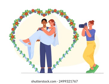 Wedding photographer with couple. Woman takes photo of happy bride and groom in arch of flowers. People at marriage ceremony. Photography of happy pair. Flat vector illustration