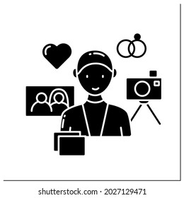 Wedding photographer glyph icon. Individual entrepreneur. Man take photos for couples. Small business owner concept. Filled flat sign. Isolated silhouette vector illustration