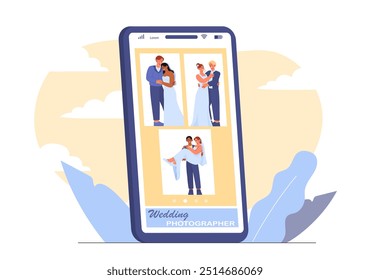 Boda fotógrafo en línea. Fotos de hombres en trajes con mujeres en vestidos. Esposo y esposa, novia y novio. Ceremonia de matrimonio. Ilustración vectorial plana aislada sobre fondo blanco