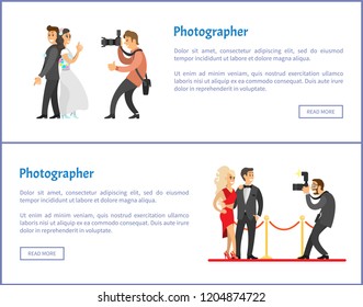 Wedding photographer and paparazzi web banners set. Bride next to groom, celebrities couple, flashlight with zoom for camera vector illustrations.