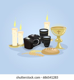 Wedding photographer: Photographic equipment for wedding baptisms and communions. Vector image