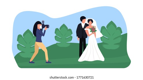 
wedding photographer photographs the bride and groom in nature in a mask during a coronavirus, maintaining social distance while working, vector illustration in a flat style