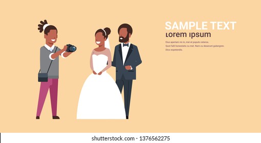 Wedding Photographer Shooting On Camera Newlyweds Couple African American Bride And Groom Embracing Posing Together Woman Taking Professional Photo Horizontal Flat Copy Space Vector Illustration