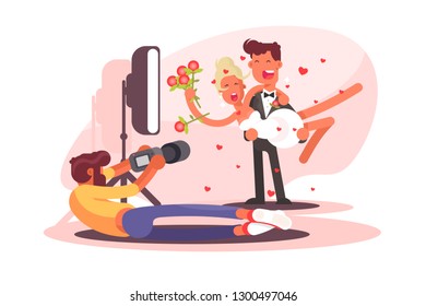 Wedding photographer shoots on camera celebration of marriage. Newlyweds couple look happy and celebrating vector illustration flat style concept. Isolated on white