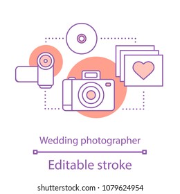 Wedding photographer and videographer concept icon. Photography services  idea thin line illustration. Love story photo session. Vector isolated outline drawing. Editable stroke