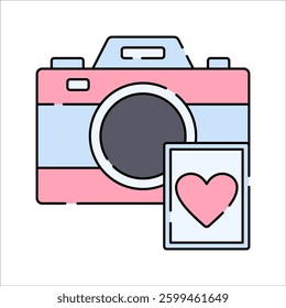 Wedding Photography Flat design style, a pink and blue camera with a heart photo, symbolizing wedding memories, ideal for photography services, wedding albums, and visual storytelling.