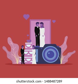 Wedding photography flat vector concept wedding couple stand in front of camera and big cake. Illustration For Wallpaper, Banner, Background, Infographic, Book Illustration, And Web Landing Page.