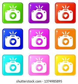 Wedding photography icons set 9 color collection isolated on white for any design