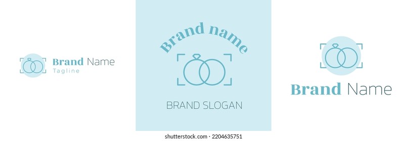 Wedding photography logo design set, marriage photographer business symbol, couple espousal brand identity emblem concept, ceremony rings, camera editable commercial logotype, isolated on background