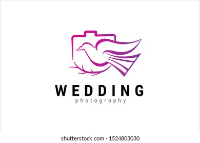 wedding photography logo template with camera symbol and purple pigeon