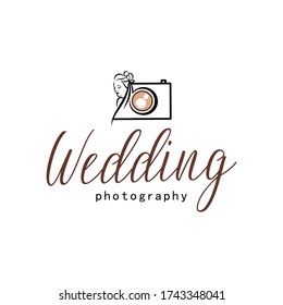 Hochzeitsfotografie-Logo, Logo-Vorlage für Fotografien, erste Hochzeit mit Frau, Kamera und weißem Hintergrund