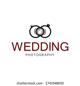 Wedding photography logo, photography logo template, initial Wedding with two ring, lens and white background