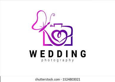 wedding photography logo template with love symbol as camera lens and pink purple butterfly