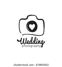 Wedding photography and photo studio hand drawn logo black color sketch. Vector design element, business sign, logo, identity, label, badge and branding object for business. Vector illustration