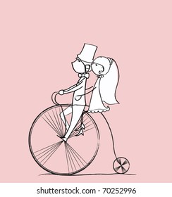 wedding picture, bride and groom ride bikes, vector