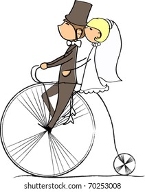 wedding picture, bride and groom ride bikes, vector