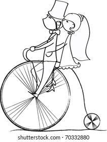 wedding picture, bride and groom ride bikes, vector