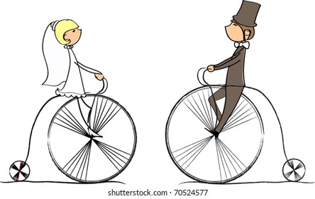 wedding picture, bride and groom ride bikes, vector