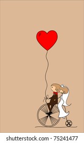 wedding picture, bride and groom ride bikes, vector