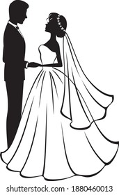 Wedding picture. Just married. Vector art. Beautiful couple.