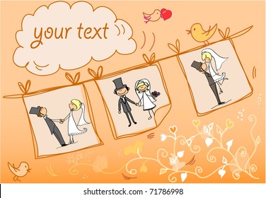 wedding pictures hanging on the background of an abstract floral,